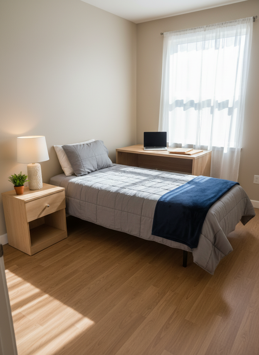 A neatly made twin bed with a soft gray quilted comforter and a folded navy blanket at the foot, standing in a small but bright transitional housing bedroom. A simple wooden nightstand holds a ceramic lamp and a small potted plant, while a sturdy desk with an open laptop and neatly stacked folders sits near a sunlit window. Afternoon light pours through sheer curtains, creating gentle, hopeful shadows on the warm-toned floor. Photographic realism, eye-level composition with a slight wide-angle lens, sharp focus throughout. The mood is calm, safe, and optimistic, emphasizing dignity, stability, and a fresh start in a clean, welcoming space.
