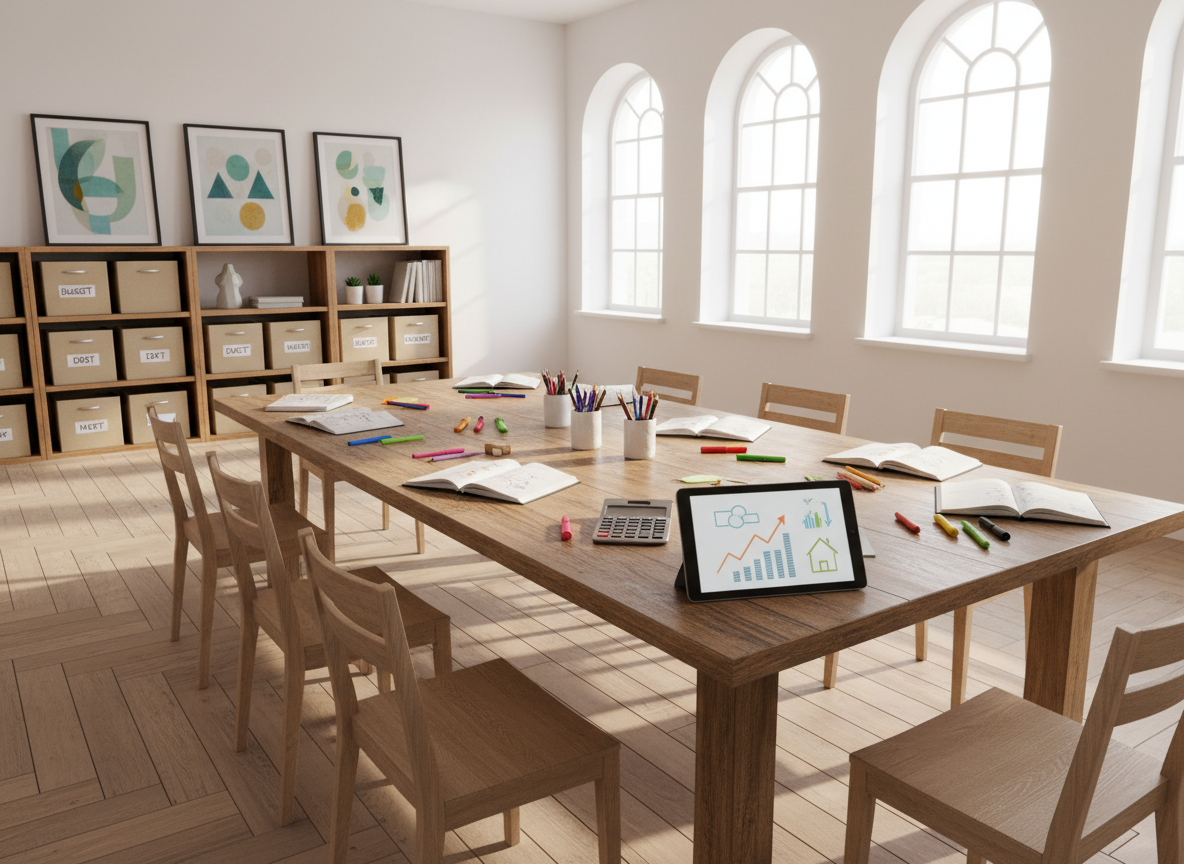 A bright community room with a large wooden table at the center, covered with notebooks, colorful pens, a calculator, and a tablet displaying graphs and simple icons instead of legible text, representing financial education. On one side of the room, shelves hold labeled storage boxes and a few framed abstract artworks. Morning light streams through tall windows, creating gentle highlights on the tabletop and soft shadows beneath the chairs. Photographic realism, shot from a slightly elevated angle to capture the whole setup, balanced composition with clear lines. The atmosphere feels organized, encouraging, and forward-looking, conveying learning, planning, and the steady rebuilding of financial confidence without showing any people.