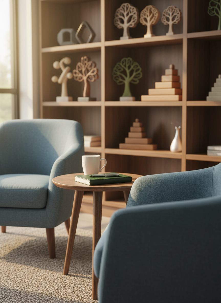 A quiet mentorship space featuring two comfortable armchairs angled toward each other with a small round table between them, holding a ceramic mug, a closed journal, and a pen. Behind the chairs, a bookshelf displays inspirational objects like small sculptures of trees and stair-like shapes instead of text-based decor. Soft, diffused afternoon light filters through a nearby window, creating a warm, trusting atmosphere. Photographic realism, eye-level composition with shallow depth of field, keeping the chairs and table in sharp focus while the background gently blurs. The mood is compassionate, respectful, and supportive, suggesting meaningful one-on-one guidance and emotional support in a safe, dignified environment.