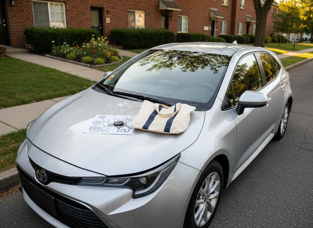 A clean, reliable compact car parked in front of a modest brick housing complex, its doors closed and keys resting on the hood beside a simple fabric tote bag and a printed route map with icons instead of readable text. The late afternoon sun casts a warm, golden glow across the car’s glossy surface and the landscaped walkway leading to the entrance. Photographic realism, three-quarter angle shot from slightly above hood level, with the building soft in the background. The mood is hopeful and forward-moving, symbolizing transportation assistance and access to work, appointments, and new possibilities in a dignified, everyday context.