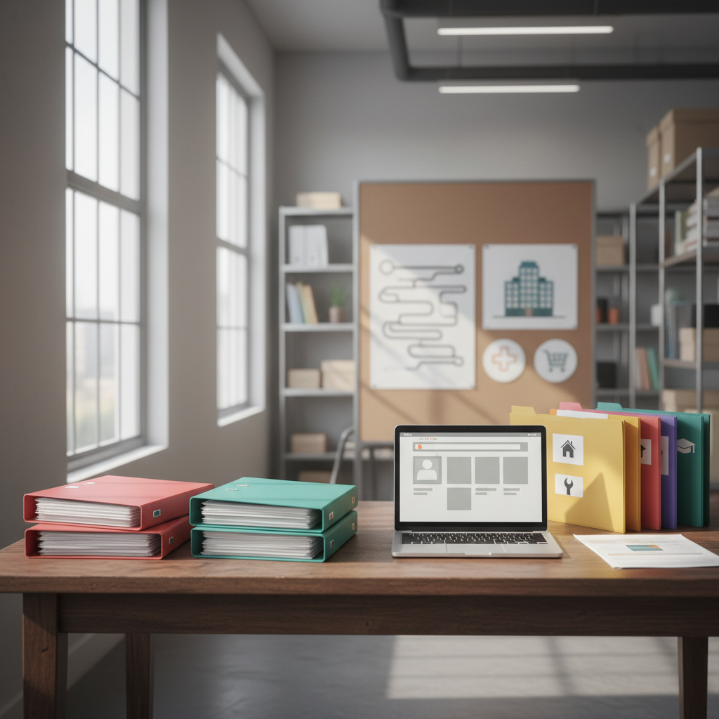 A well-organized resource center corner featuring a sturdy wooden table covered with neatly arranged binders, color-coded folders, and a laptop open to a job search page. A nearby bulletin board holds pinned transportation maps, housing diagrams, and icons representing community services, all drawn without readable text. Large windows let in bright, diffused daylight, illuminating the room with a professional yet welcoming feel. Photographic realism with an eye-level perspective and rule-of-thirds composition, slight depth of field keeping the table in crisp focus while the background office shelving softens. The atmosphere is empowering and practical, suggesting support, opportunity, and clear pathways toward rebuilding a stable life.
